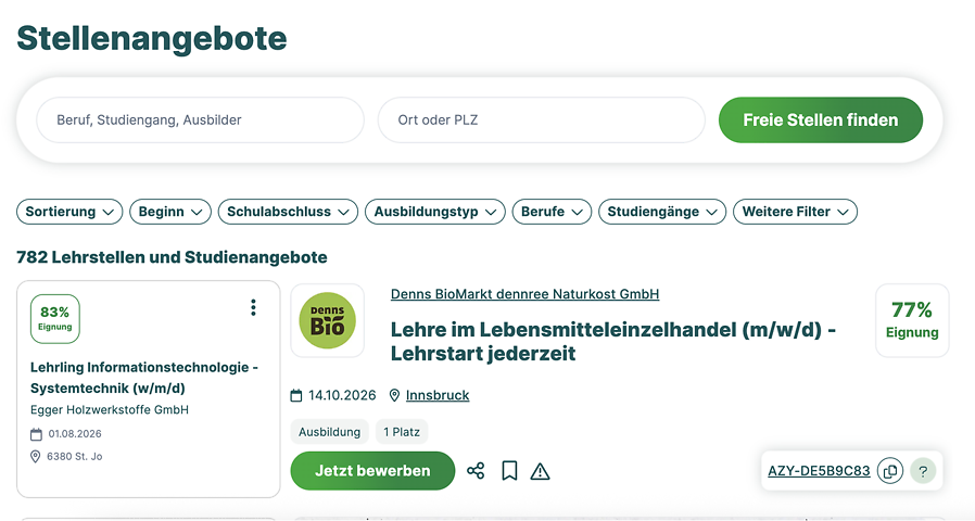 Matching Score im Lehrstellenportal Stellenmarkt